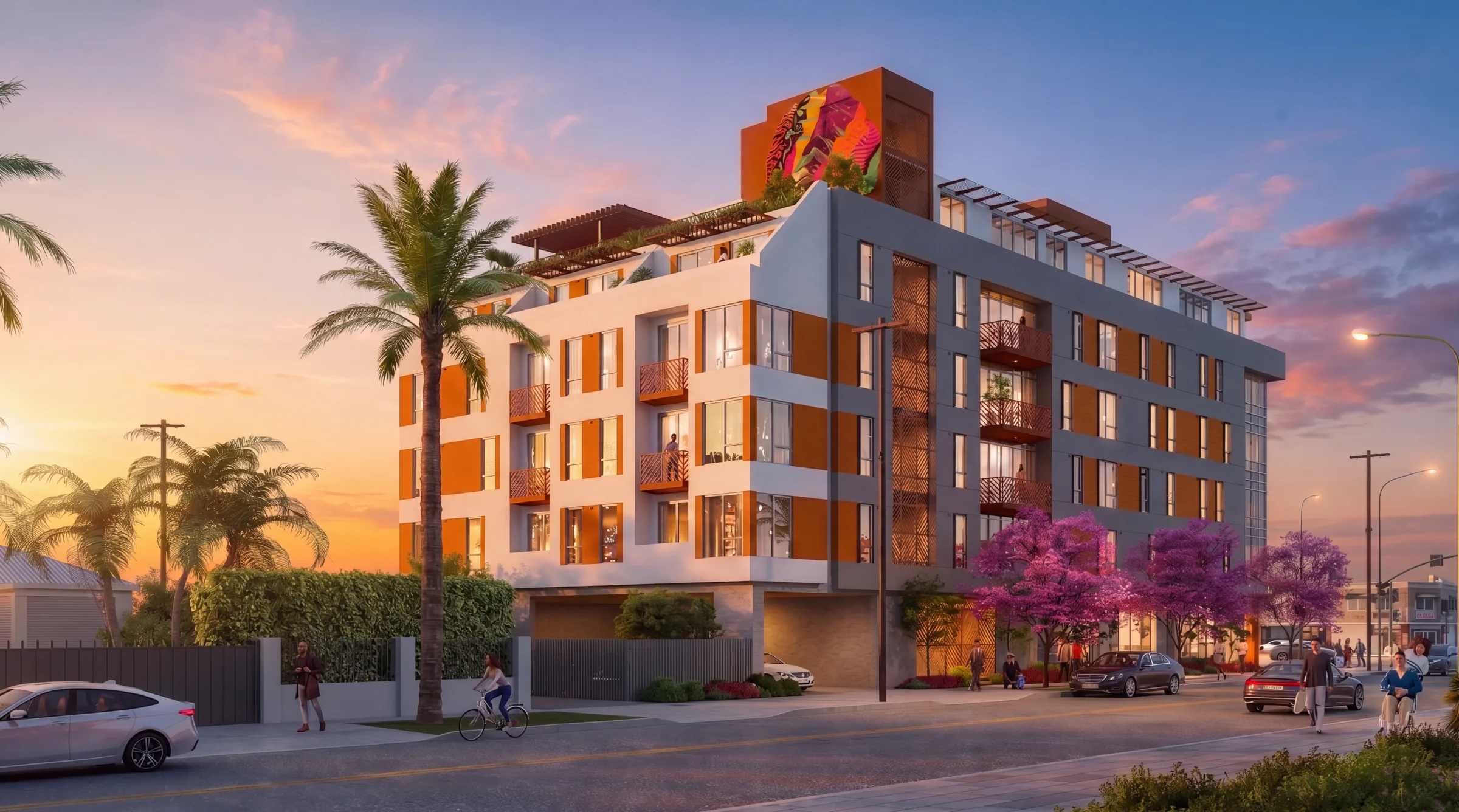 The Clark on 54th — building exterior at dusk