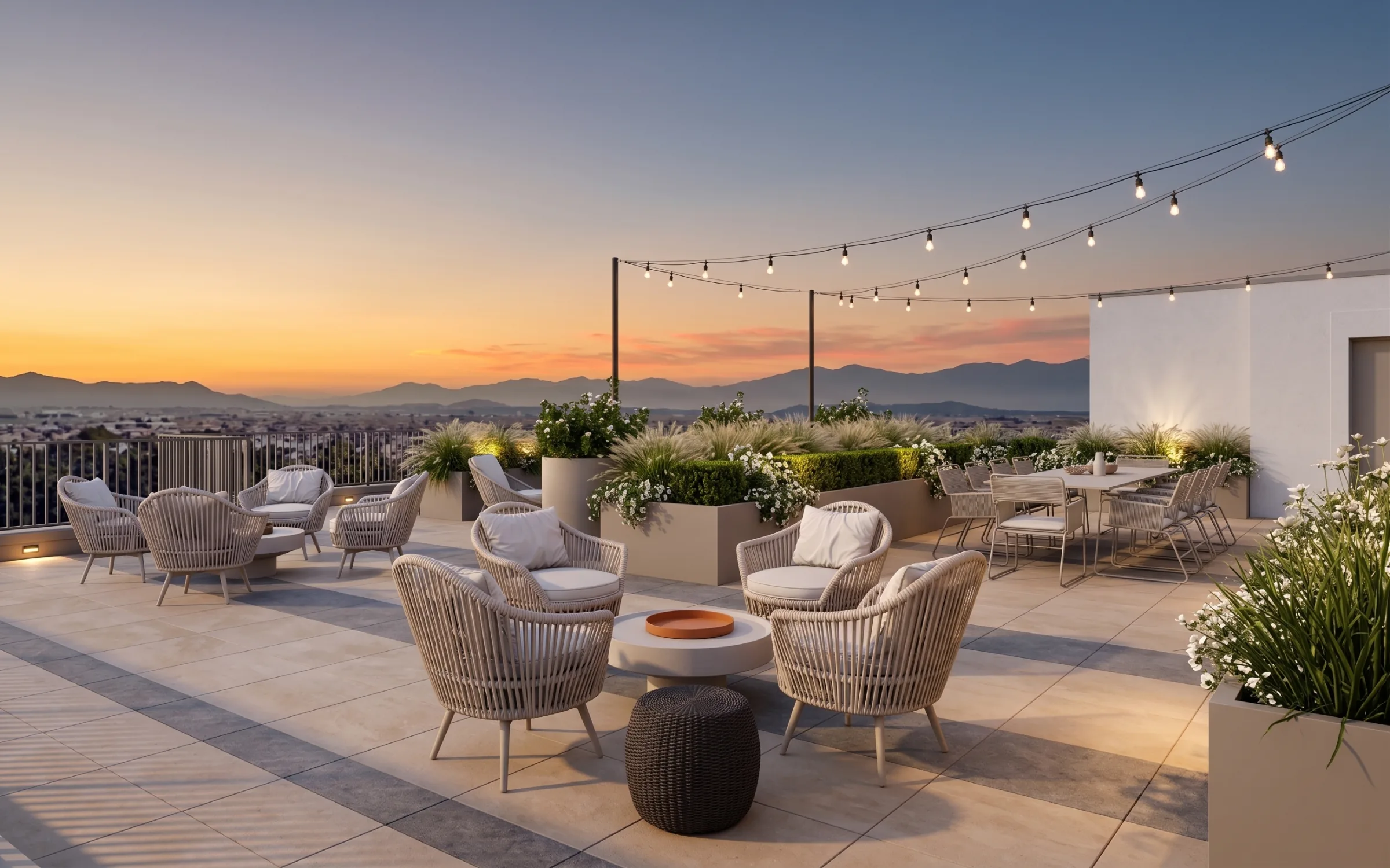 The Clark on 54th — rooftop deck at dusk with panoramic city views
