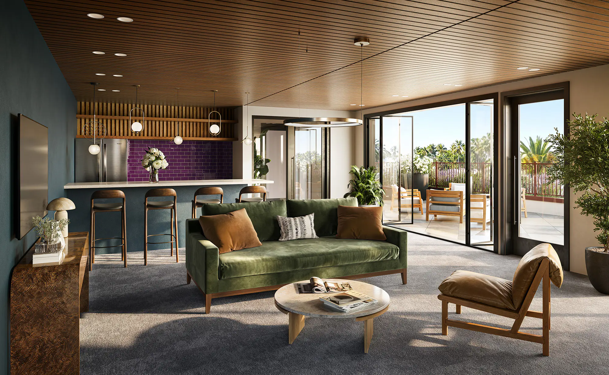 The Clark on 54th — club room with lounge seating, bar and kitchen, opening onto the elevated patio
