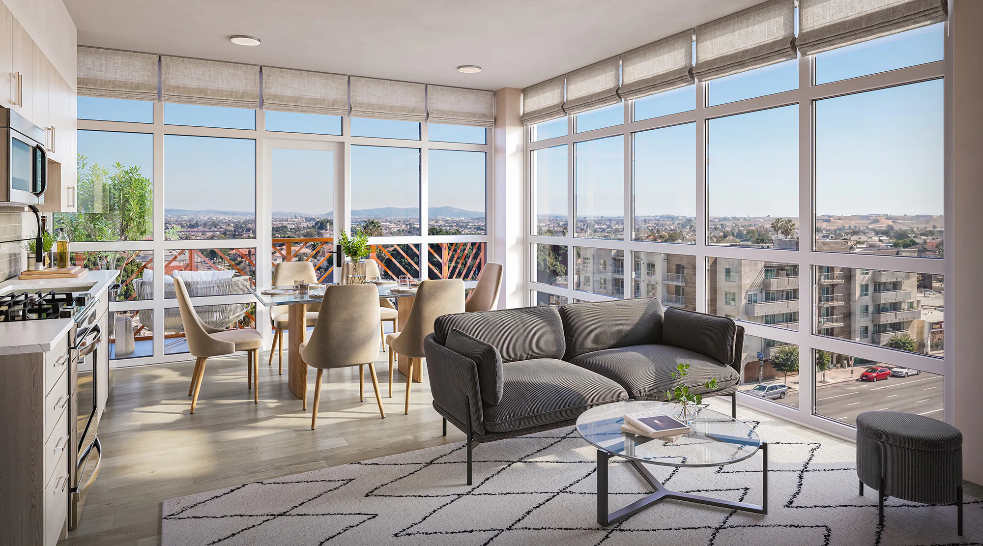 Plan C1 — furnished living and dining area wrapped in floor-to-ceiling glass