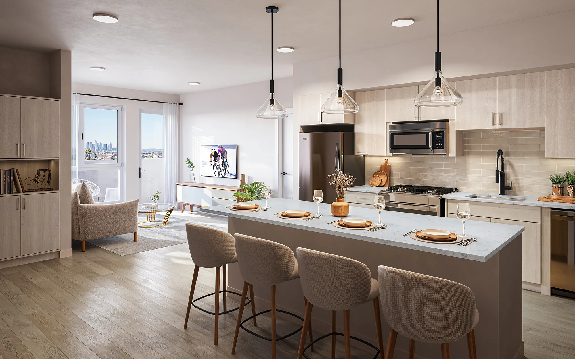 Three-bedroom residence — open kitchen with island looking through to the living area and downtown Los Angeles views, The Clark on 54th