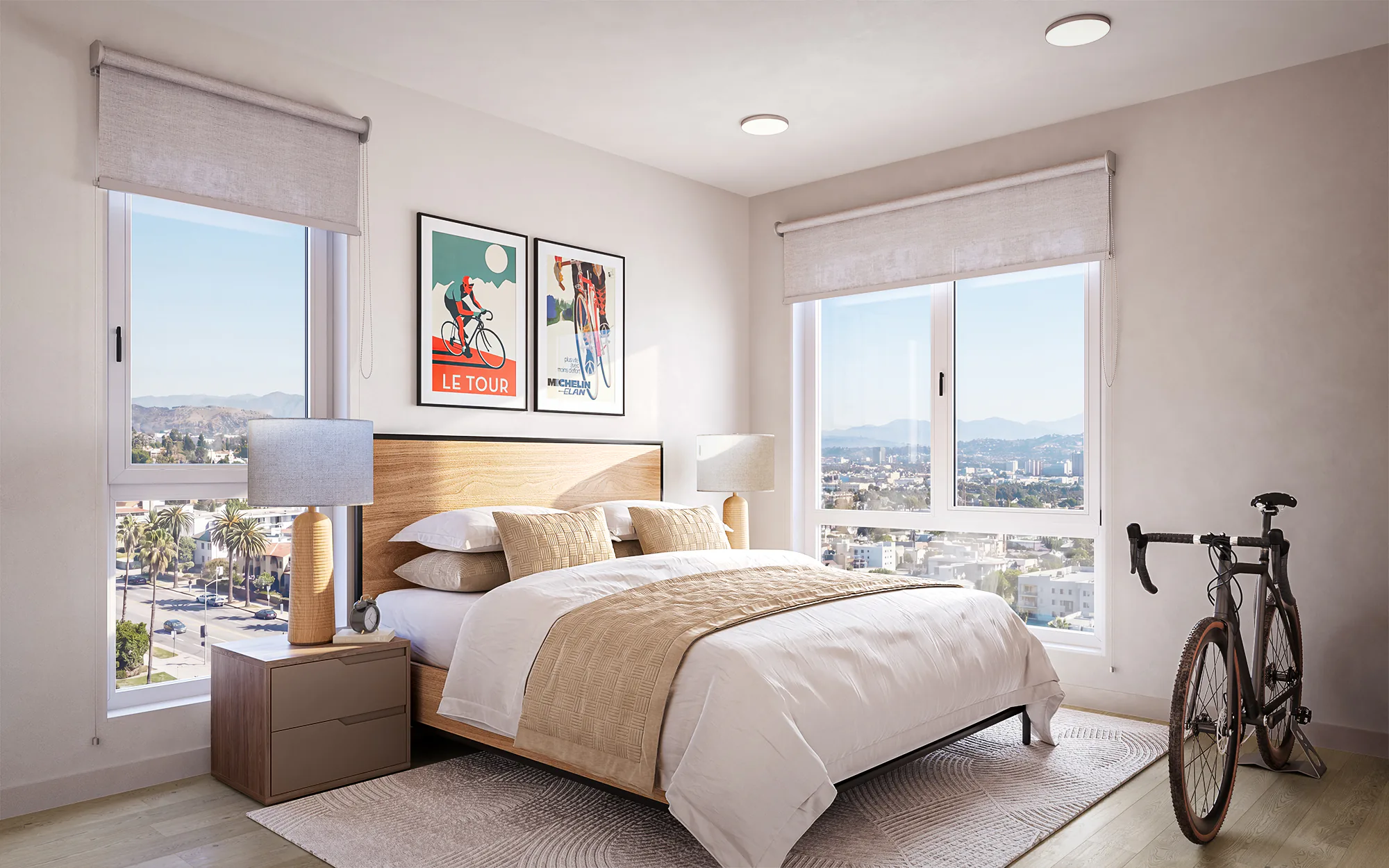 Plan D1 — furnished primary bedroom with dual windows and neighborhood views