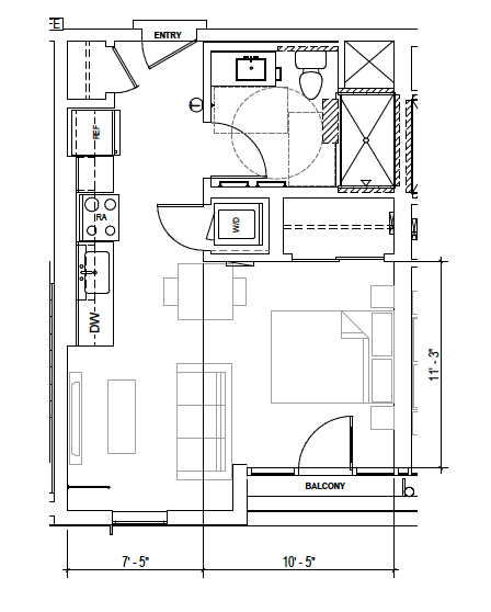 Plan A1 — Studio, 425 SF floor plan