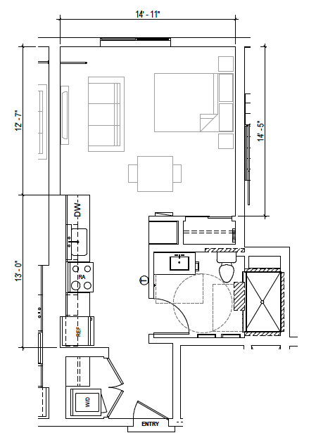 Plan A2 — Studio, 454 SF floor plan