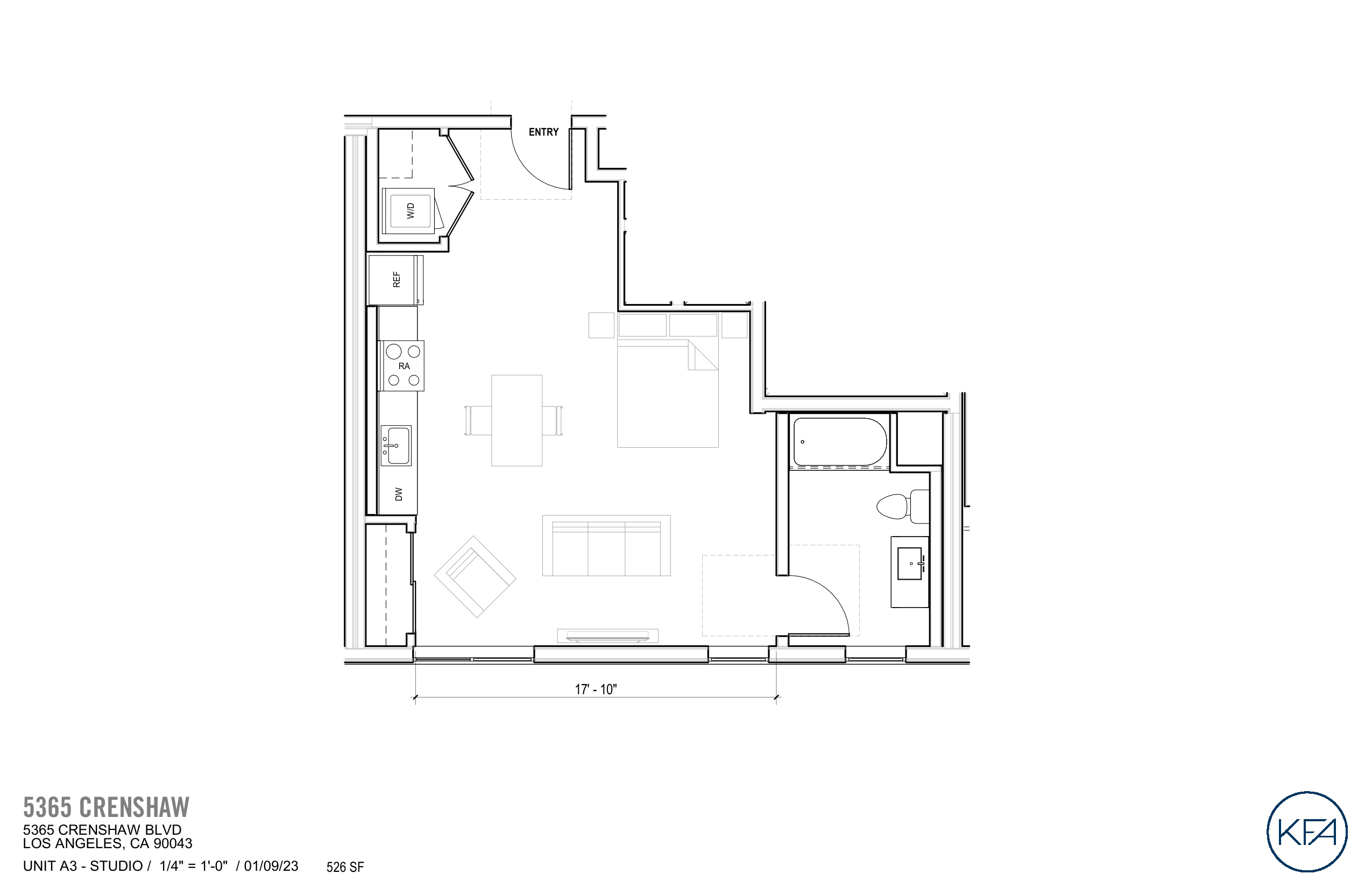 Plan A3 — Studio, 526 SF floor plan