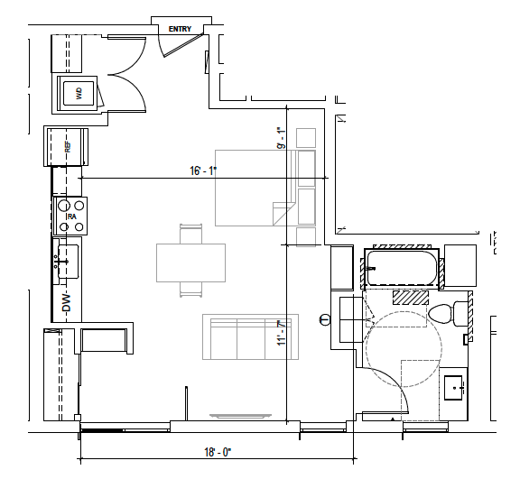 Plan A3 — Studio, 526 SF floor plan