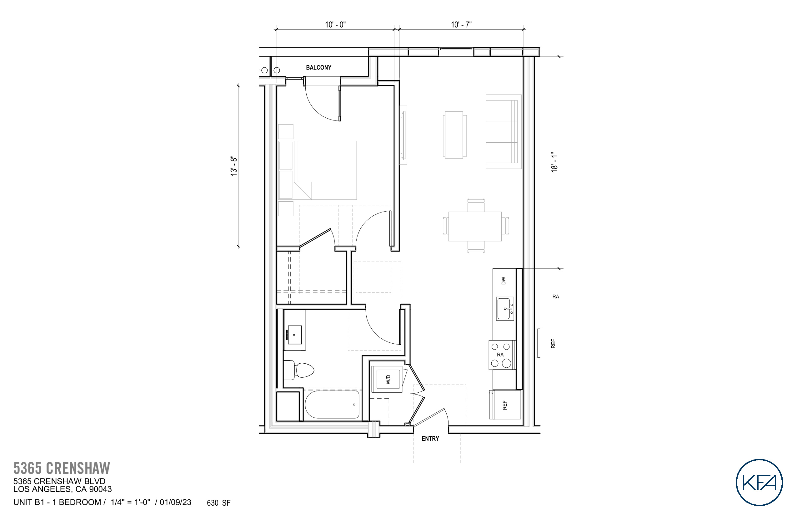 Plan B1 — 1 Bedroom, 630 SF floor plan
