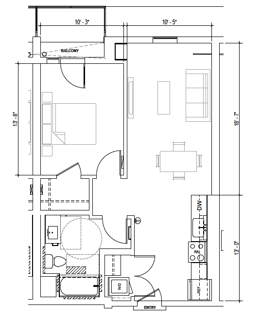 Plan B1 — 1 Bedroom, 630 SF floor plan