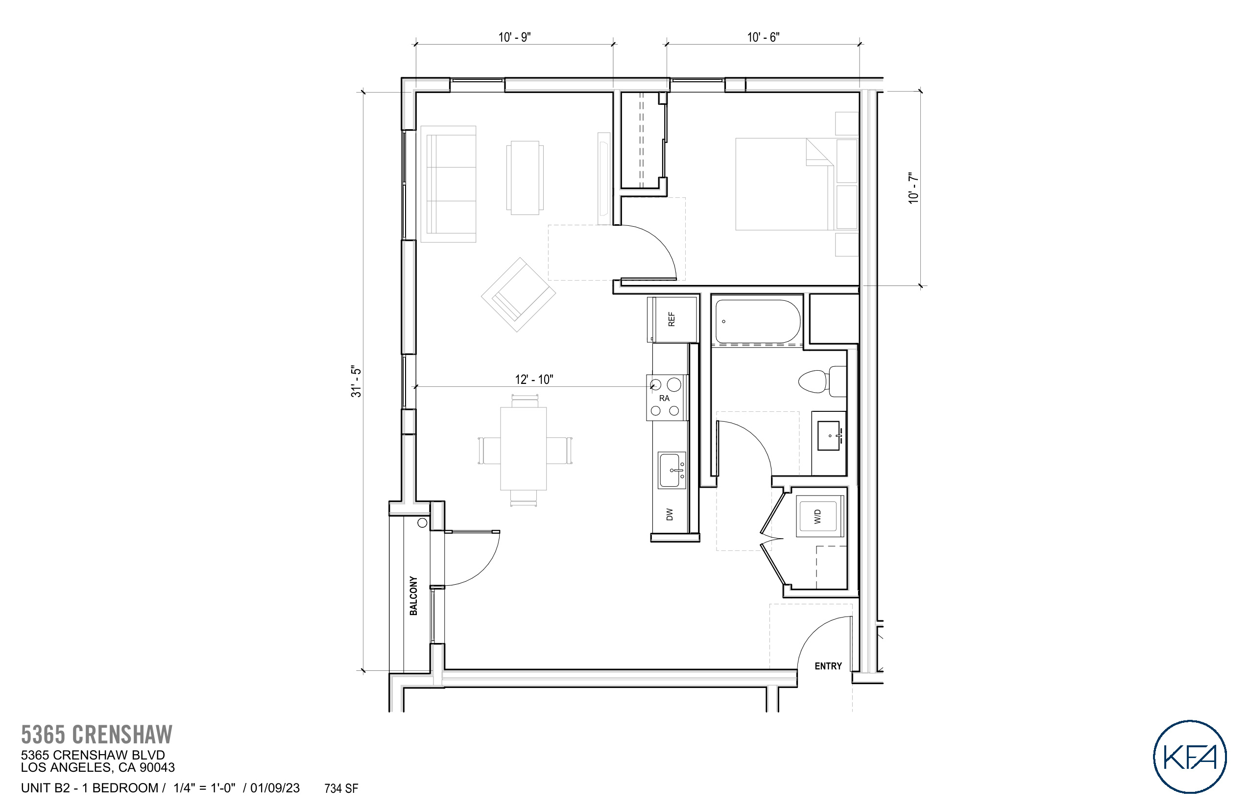 Plan B2 — 1 Bedroom, 734 SF floor plan