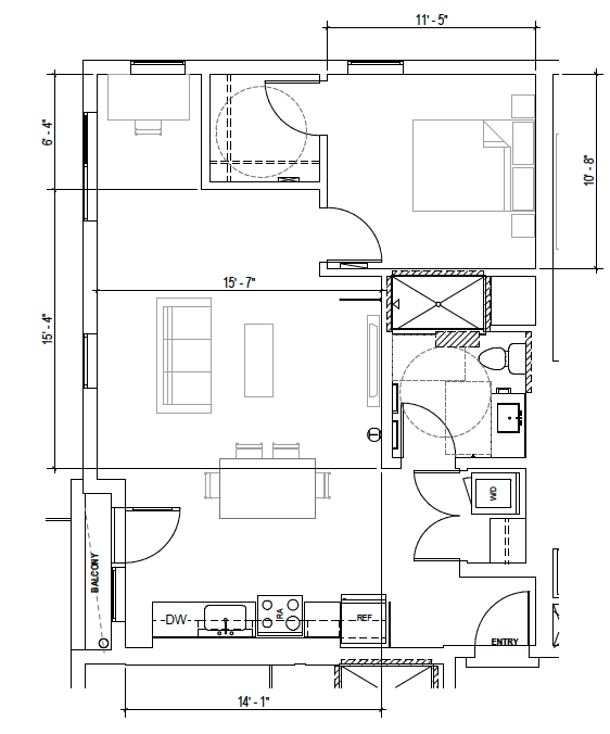 Plan B2 — 1 Bedroom, 734 SF floor plan