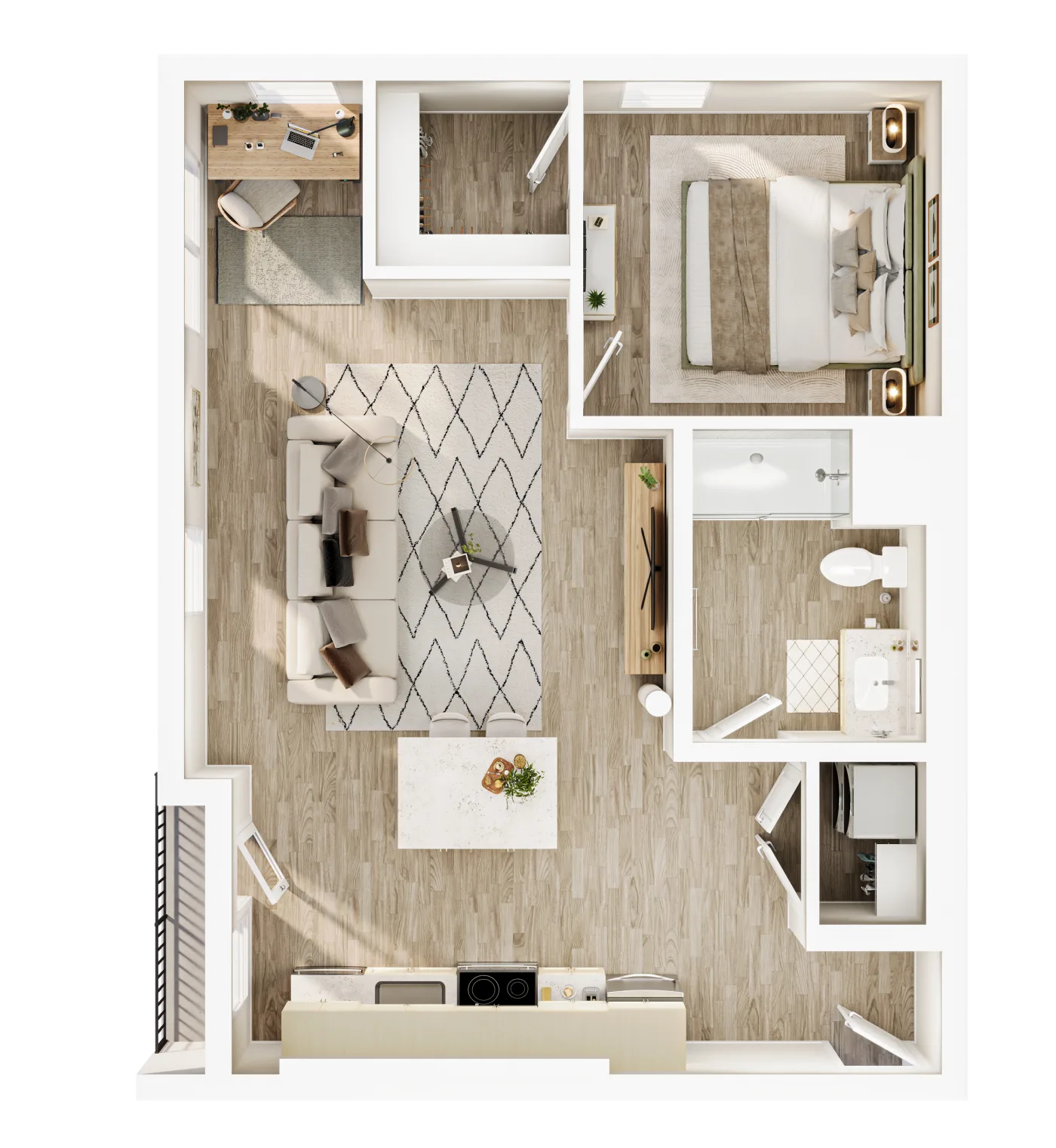 Plan B2 — 1 Bedroom, 734 SF floor plan