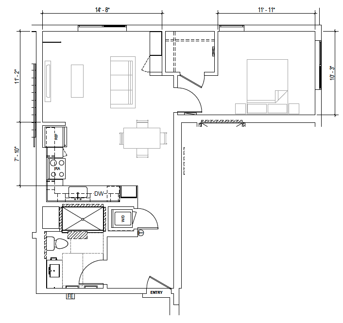 Plan B3 — 1 Bedroom, 680 SF floor plan