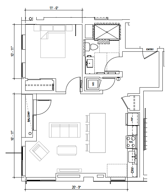 Plan B5 — 1 Bedroom, 695 SF floor plan