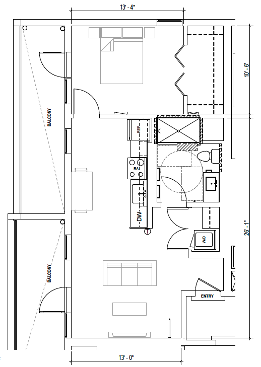 Plan B6 — 1 Bedroom Dual Balcony, 632 SF floor plan