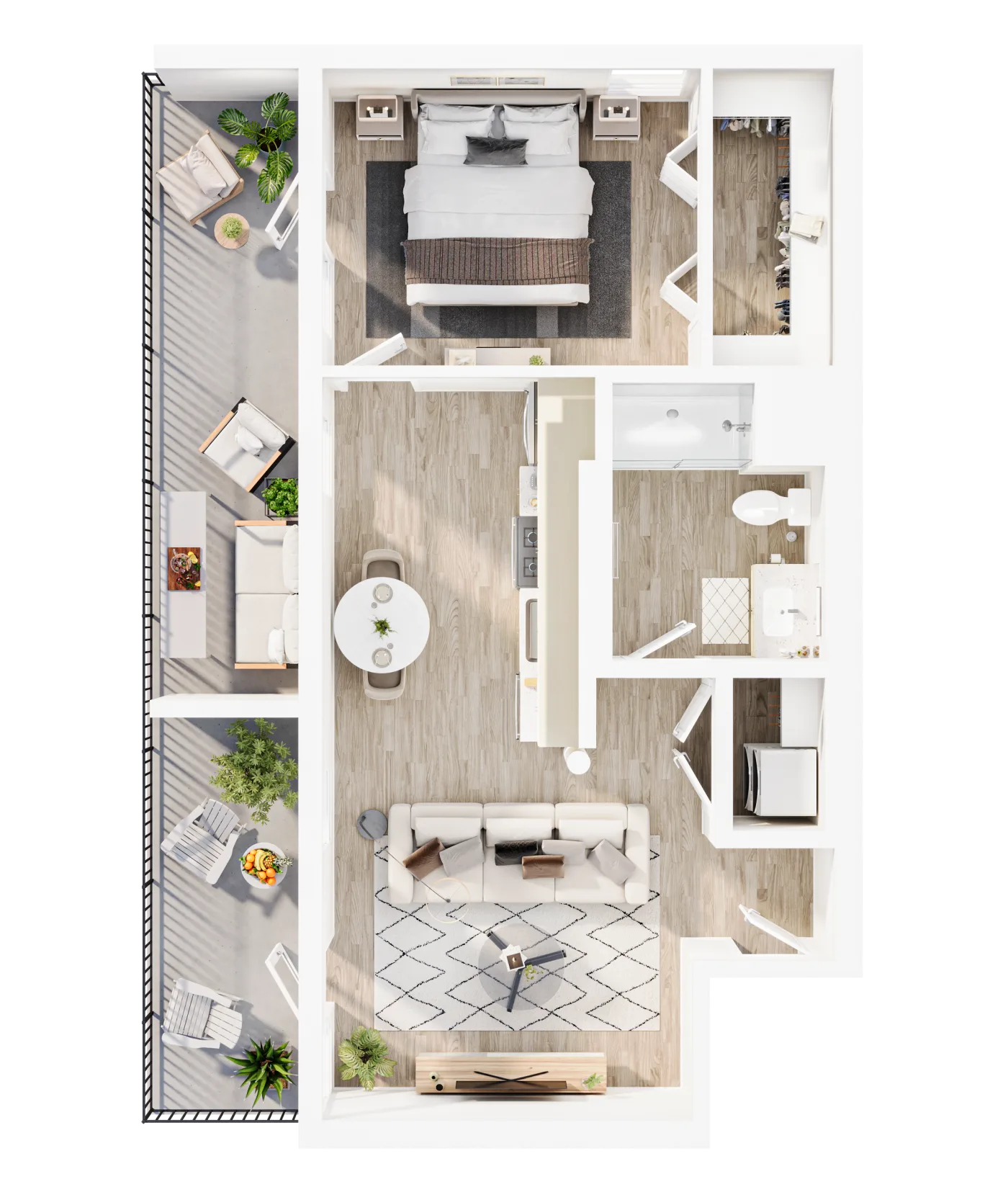 Plan B6 — 1 Bedroom Dual Balcony, 632 SF floor plan