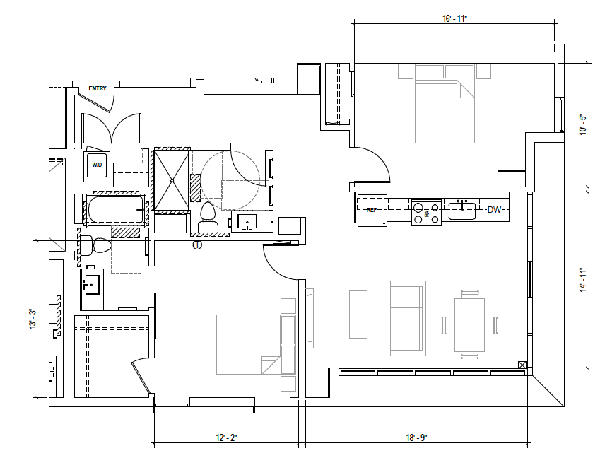 Plan C1 — 2 Bedroom, 1,087 SF floor plan