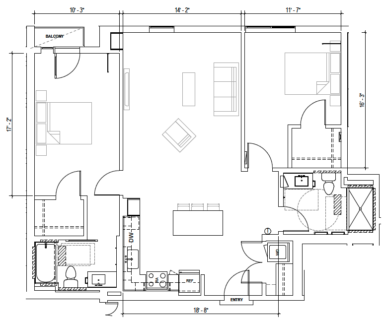 Plan C2 — 2 Bedroom, 1,114 SF floor plan