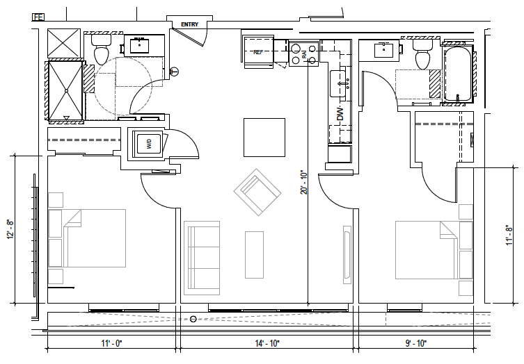 Plan C3 — 2 Bedroom, 845 SF floor plan