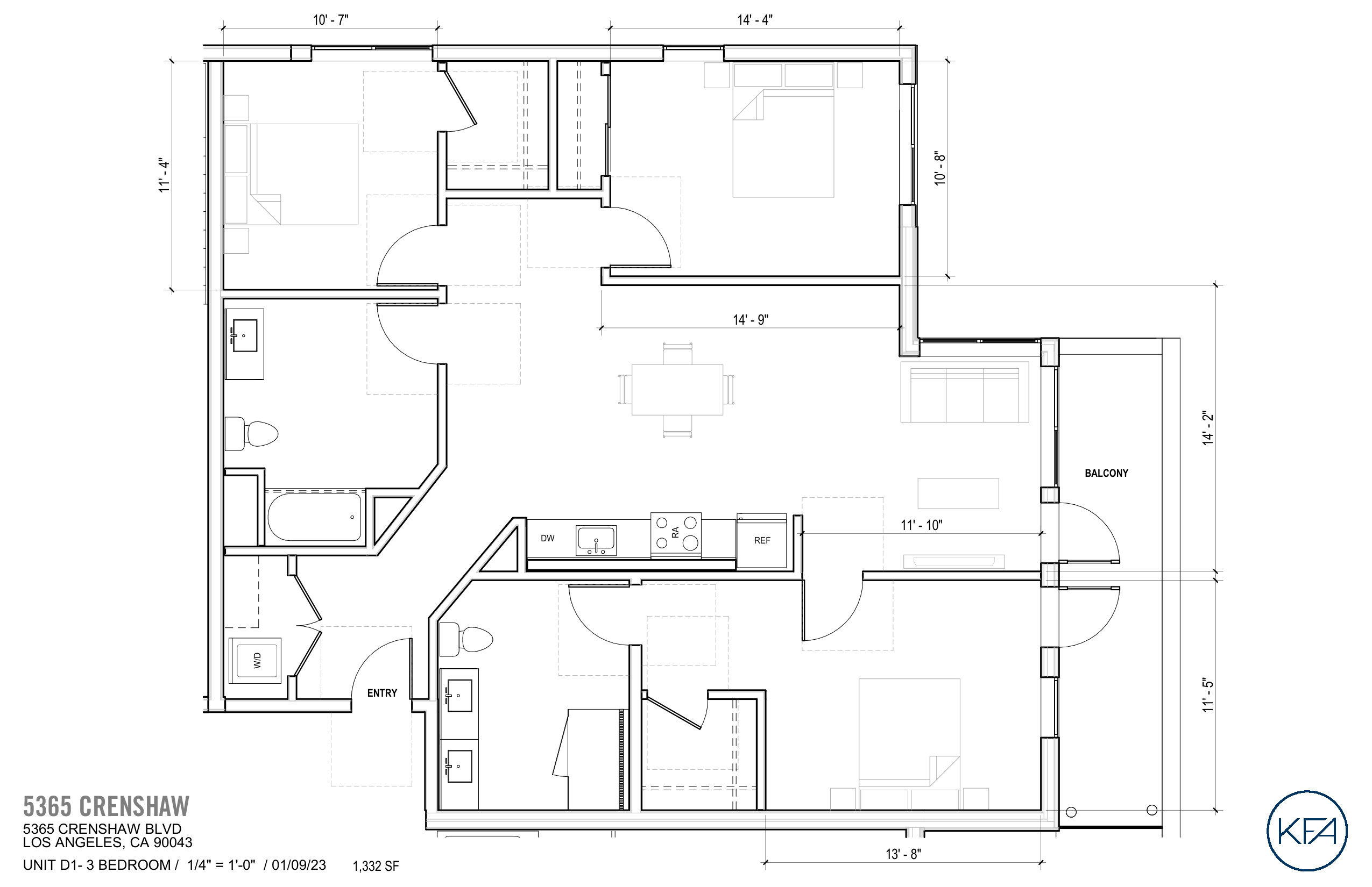 Plan D1 — 3 Bedroom, 1,332 SF floor plan