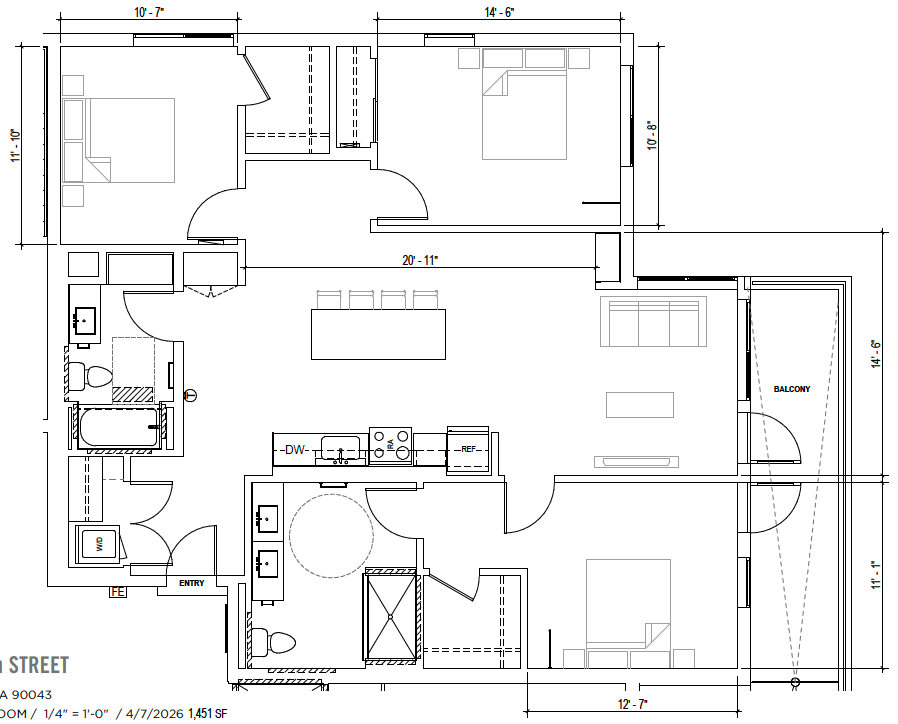 Plan D1 — Three-Bedroom, 1,332 SF floor plan
