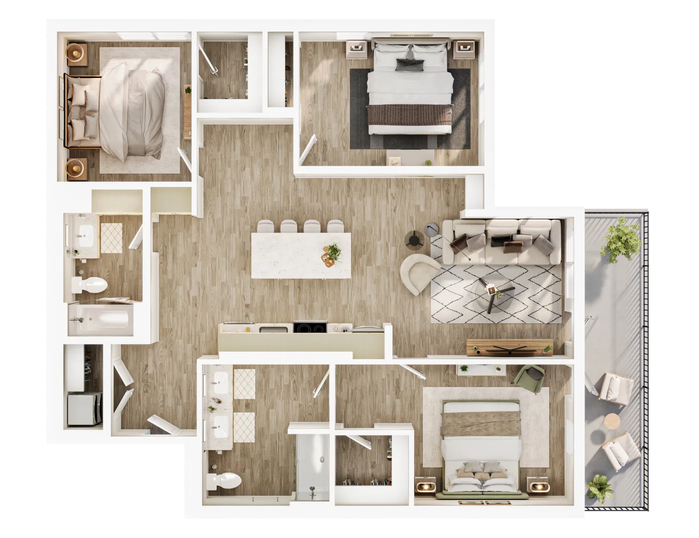 Plan D1 — Three-Bedroom, 1,332 SF floor plan